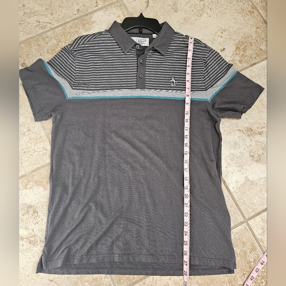 Original Penguin Mens M Polo Gray Cotton Blend Striped Shirt Iconic Quiet Luxury - Picture 6 of 6